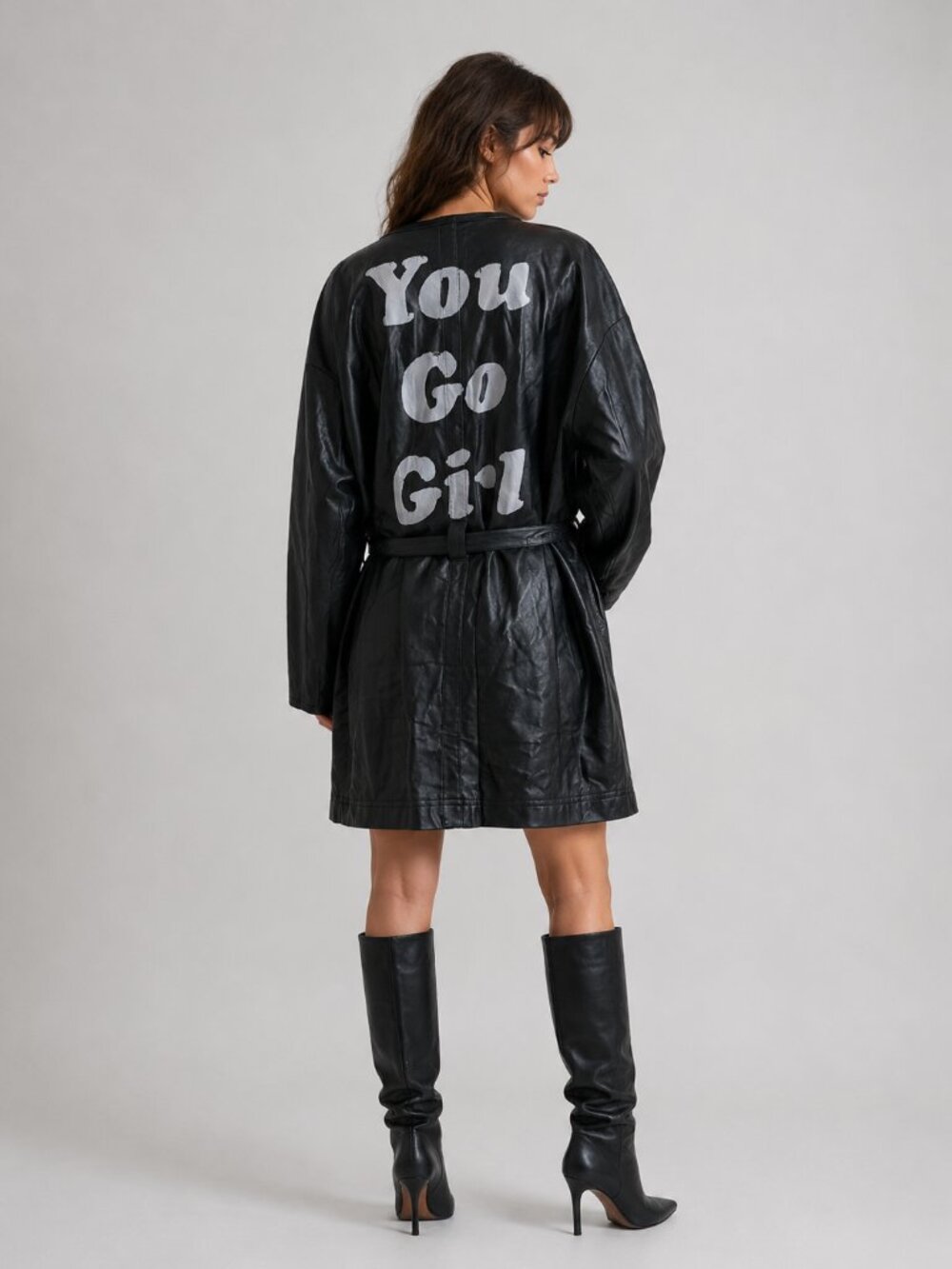 See Rose Go "You Go Girl" Black Belted Faux Leather Coat Jacket, L